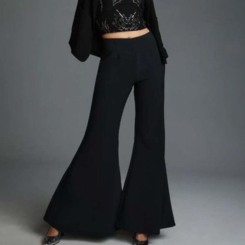 Anthropologie Flare Trousers Black Size 10 High Rise Wide Leg Statement Chic - Picture 2 of 10
